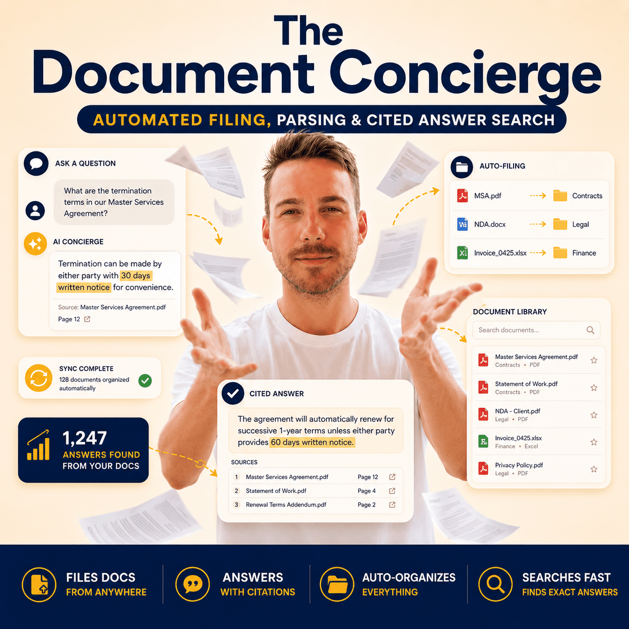 The Document Concierge — automated filing, parsing & cited answer search